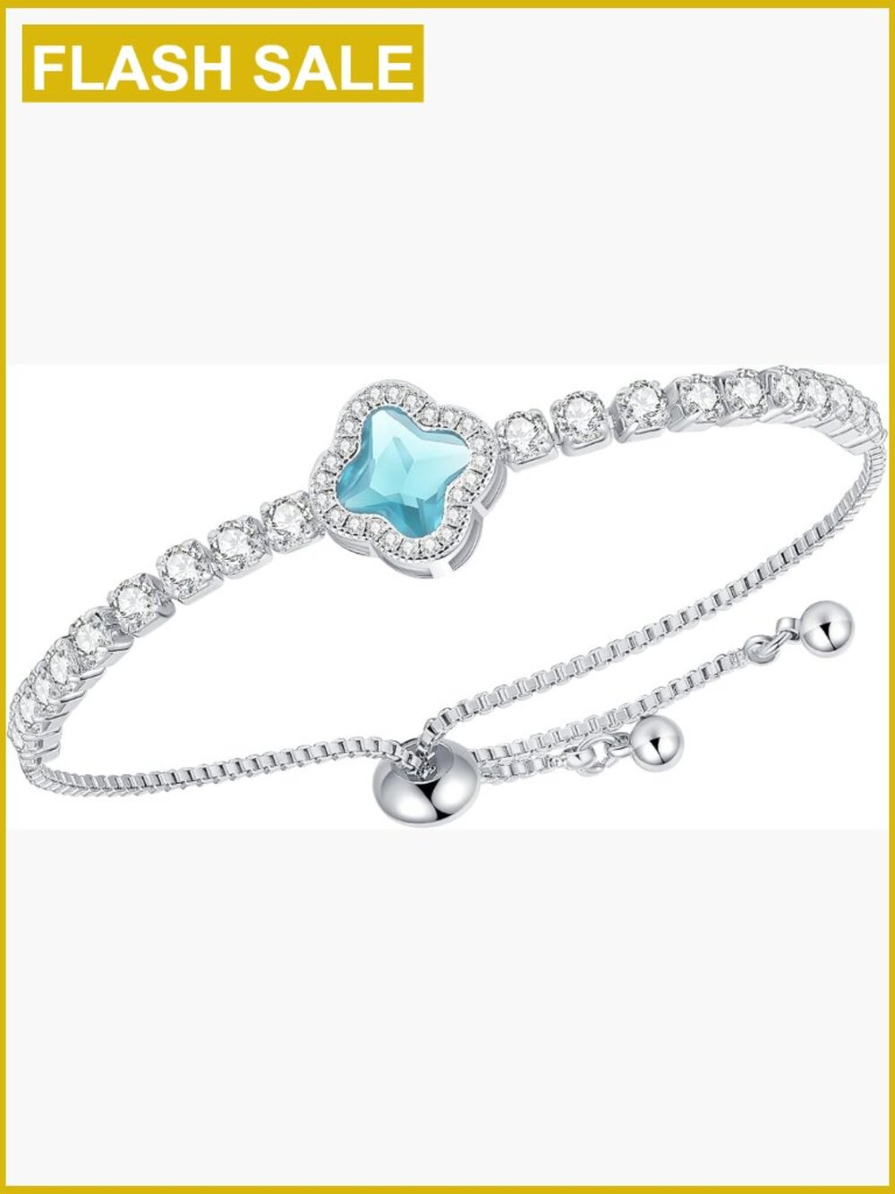 Adjustable Tennis Bracelet 4-Leaf Clover CZ White Gold Plated